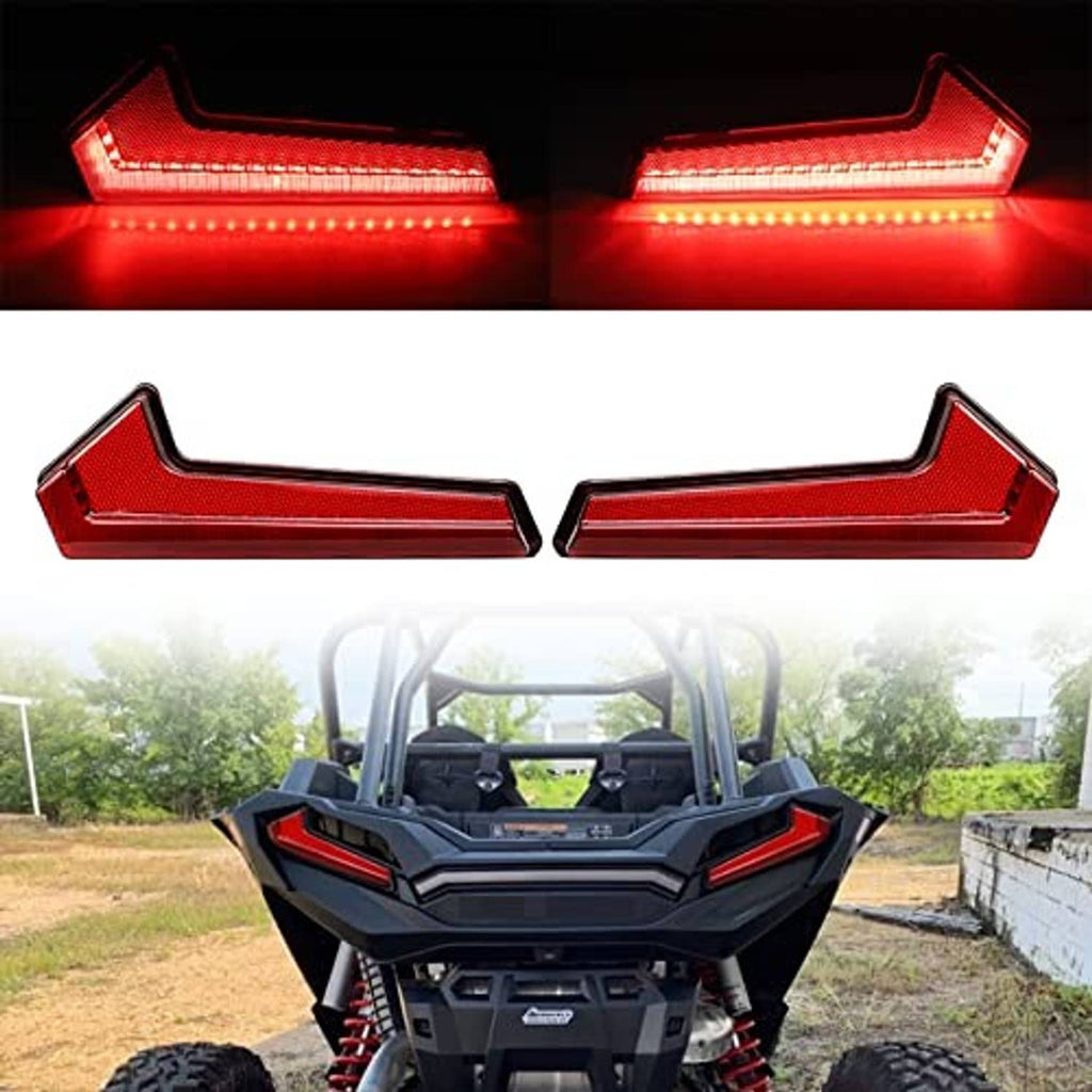 Red LED rear taillight bars glowing on an off-road UTV rear view