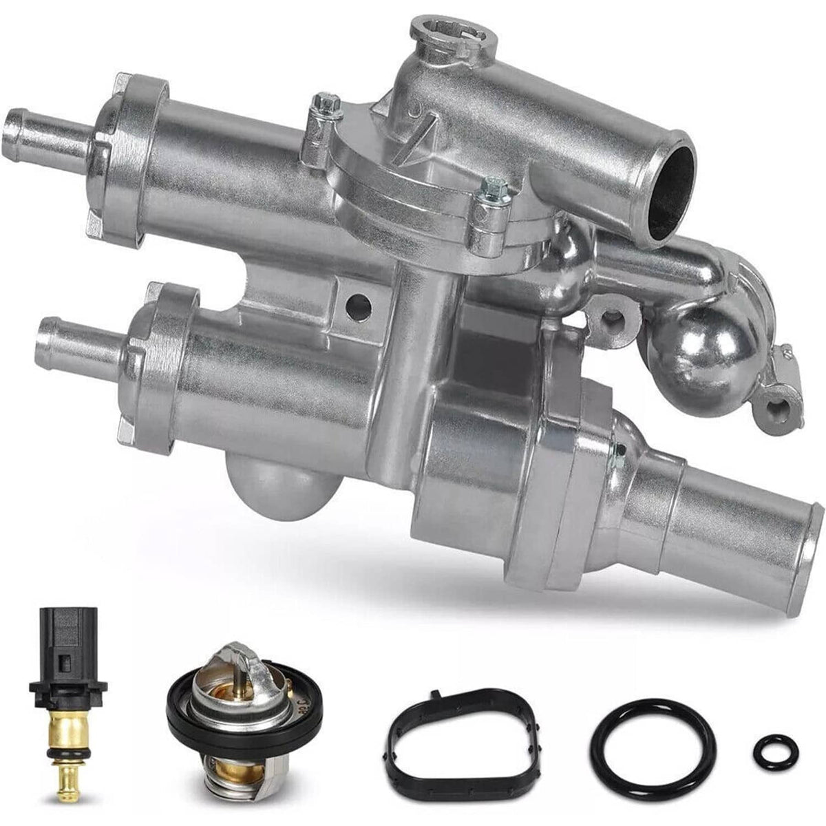 Aluminum thermostat housing assembly with inlet outlet ports and mounting flanges