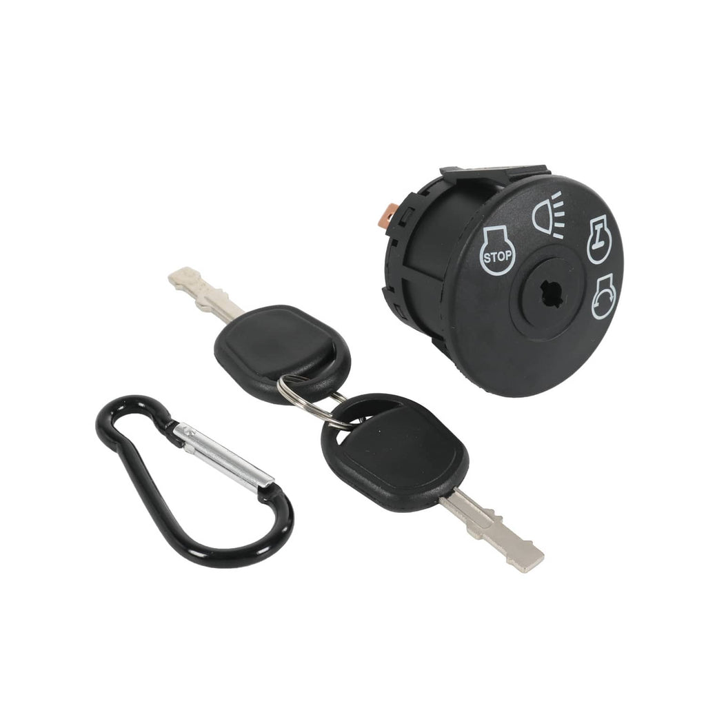 Ignition starter switch with black panel, keys on metal ring, and stop/start icons