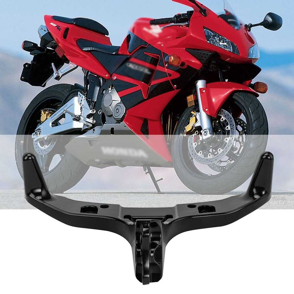 Front headlight upper fairing stay bracket, black metal with mounting points