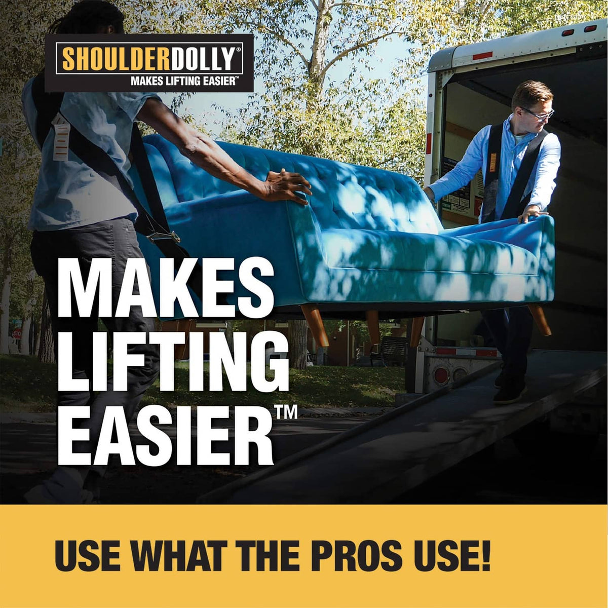 Black shoulder dolly moving straps used to lift a large furniture item