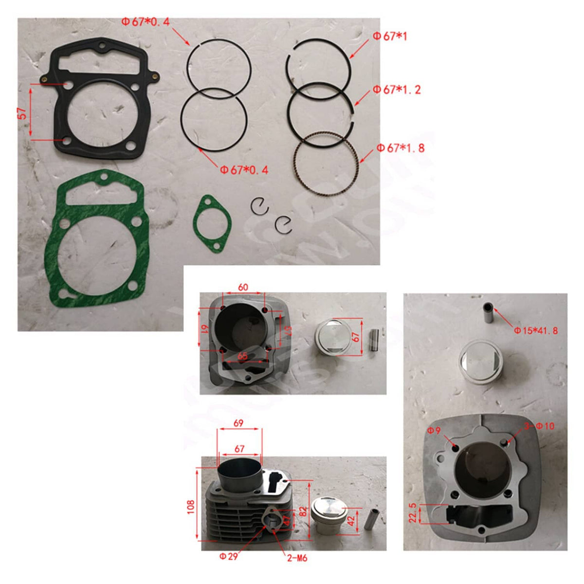 Exploded diagram of cylinder, gaskets, and piston rings with green gasket sheet