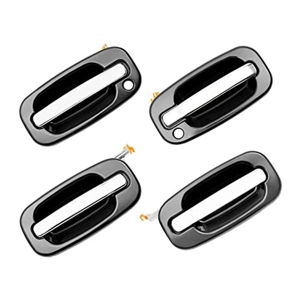 Set of exterior door handle levers with chrome insert and dark housing, four pieces shown