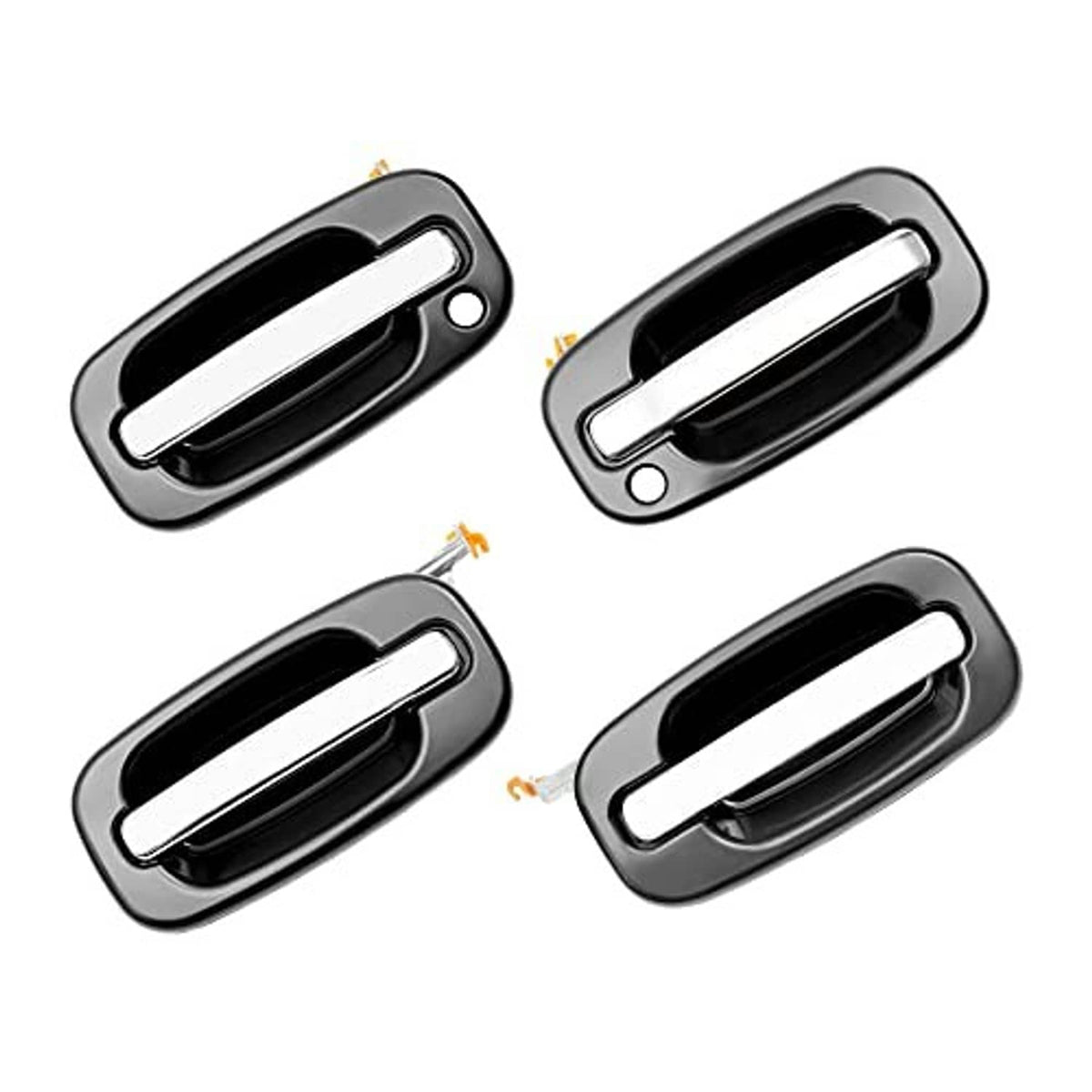 Set of exterior door handle levers with chrome insert and dark housing, four pieces shown