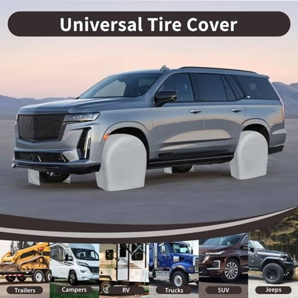 Universal gray tire cover shown on vehicle wheel with broad fit vehicle icons