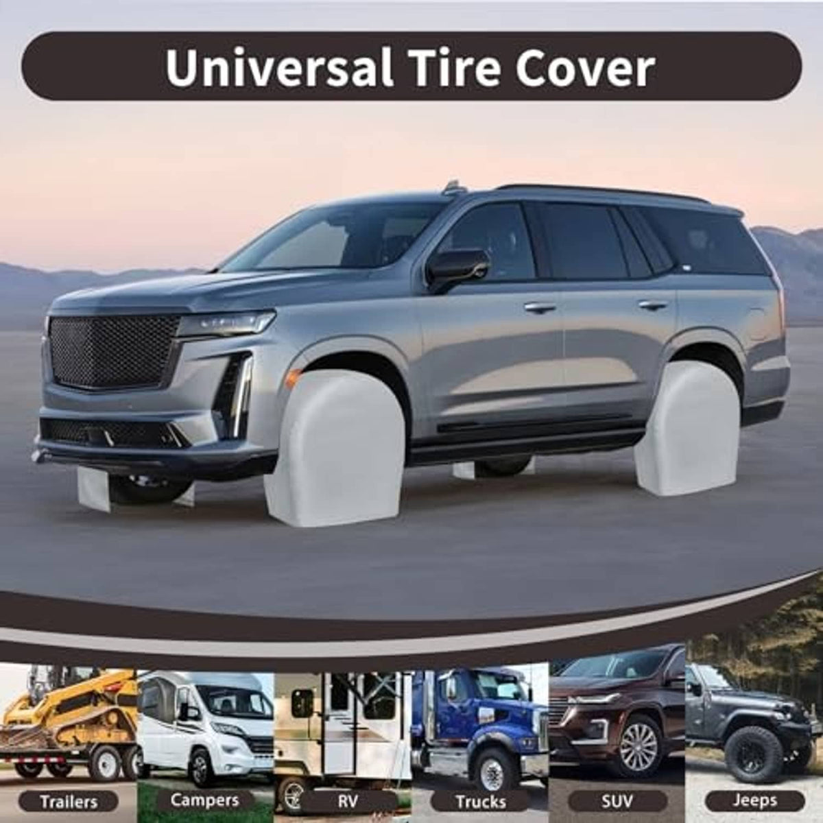 Universal gray tire cover shown on vehicle wheel with broad fit vehicle icons