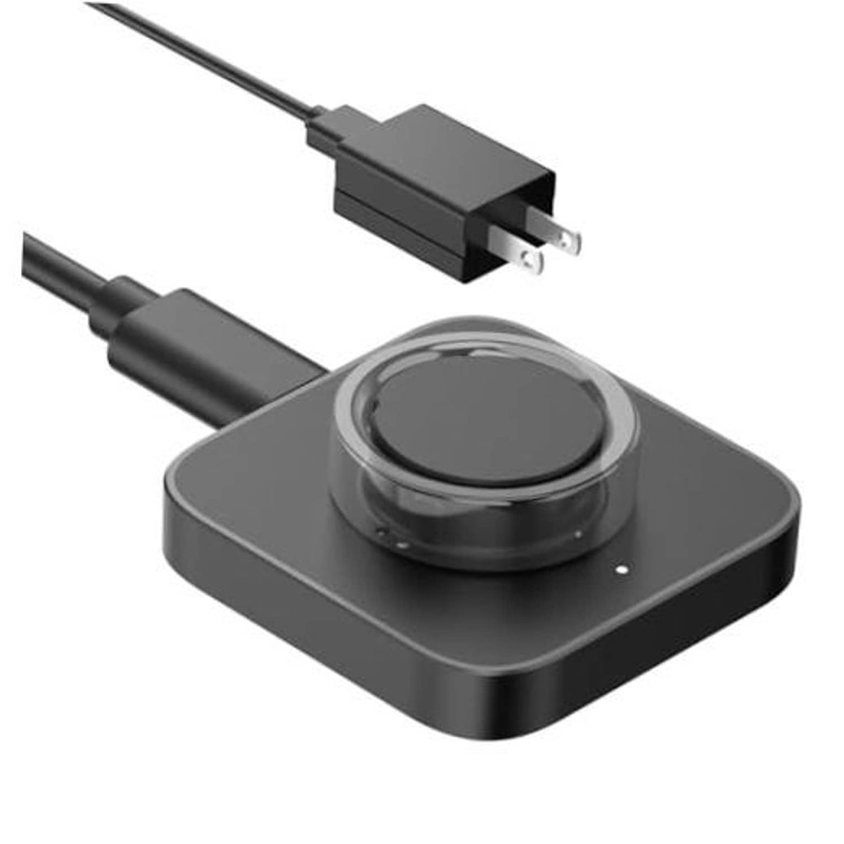 Dark gray Oura Ring charging dock with cable connection and circular charging cradle