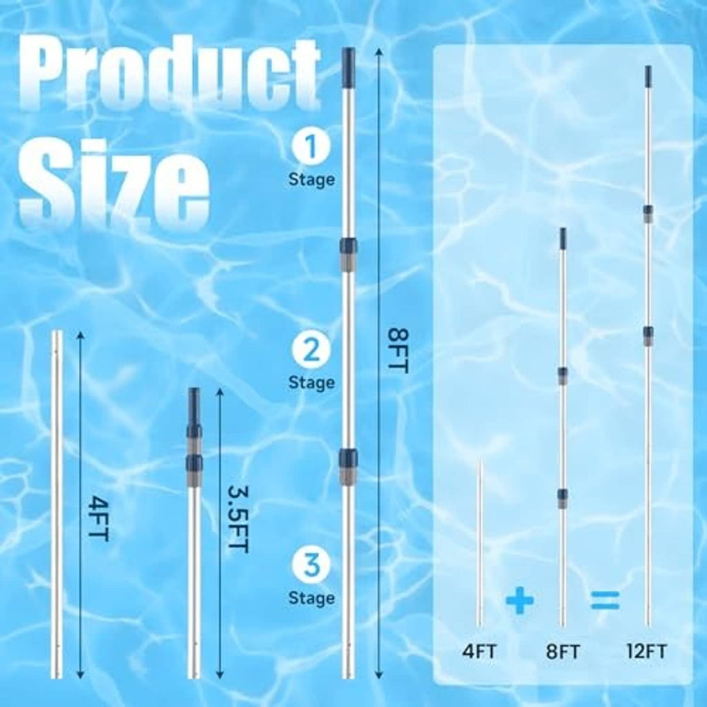 Telescopic pool pole length stages with 4ft, 8ft, and 12ft metal sections
