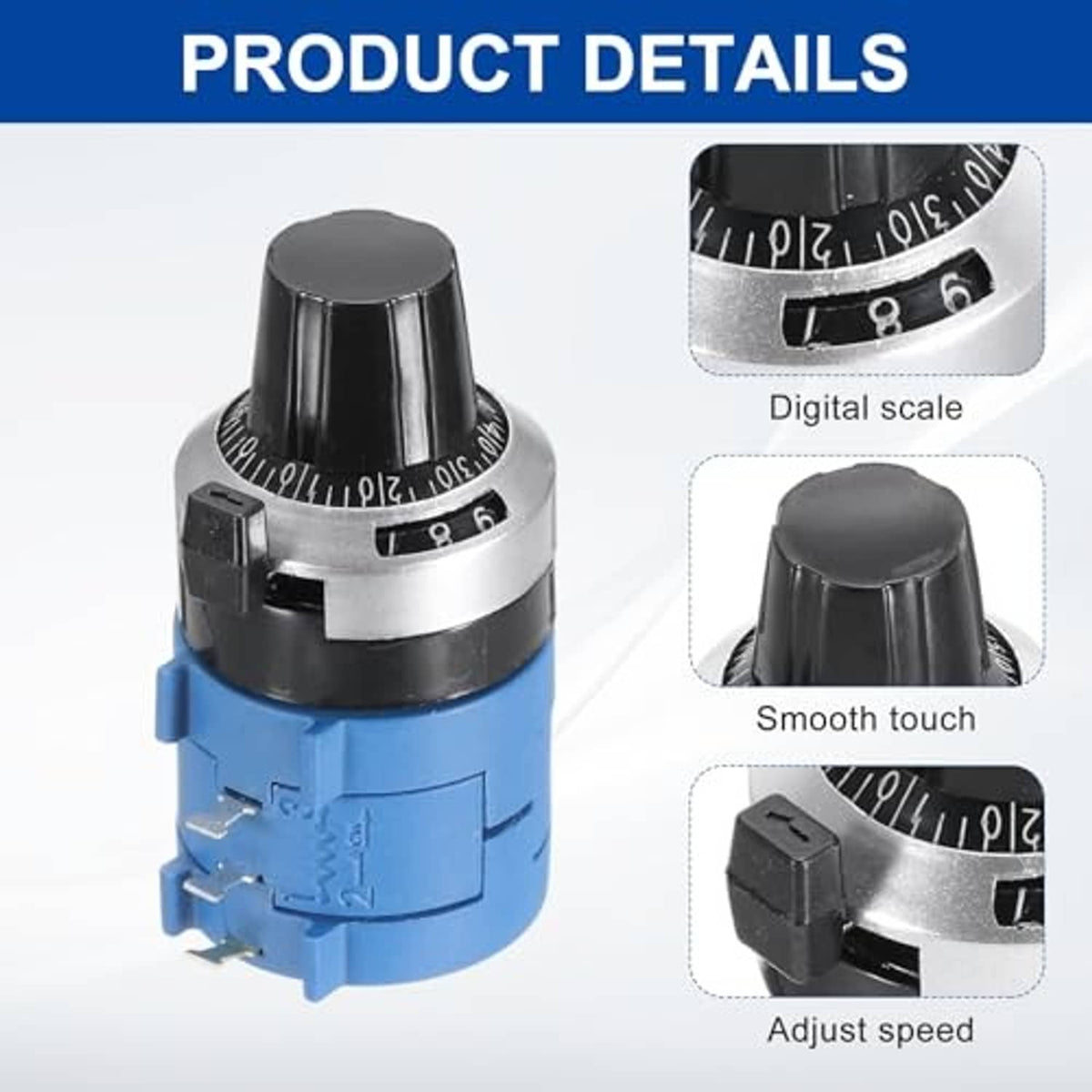 Rotary potentiometer with black knurled adjustment top and scale ring on blue housing