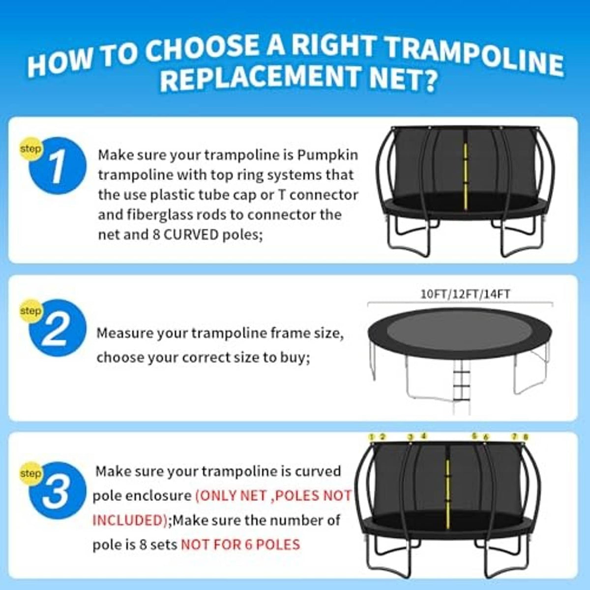 Trampoline enclosure replacement net kit with black net and curved-pole frame diagram