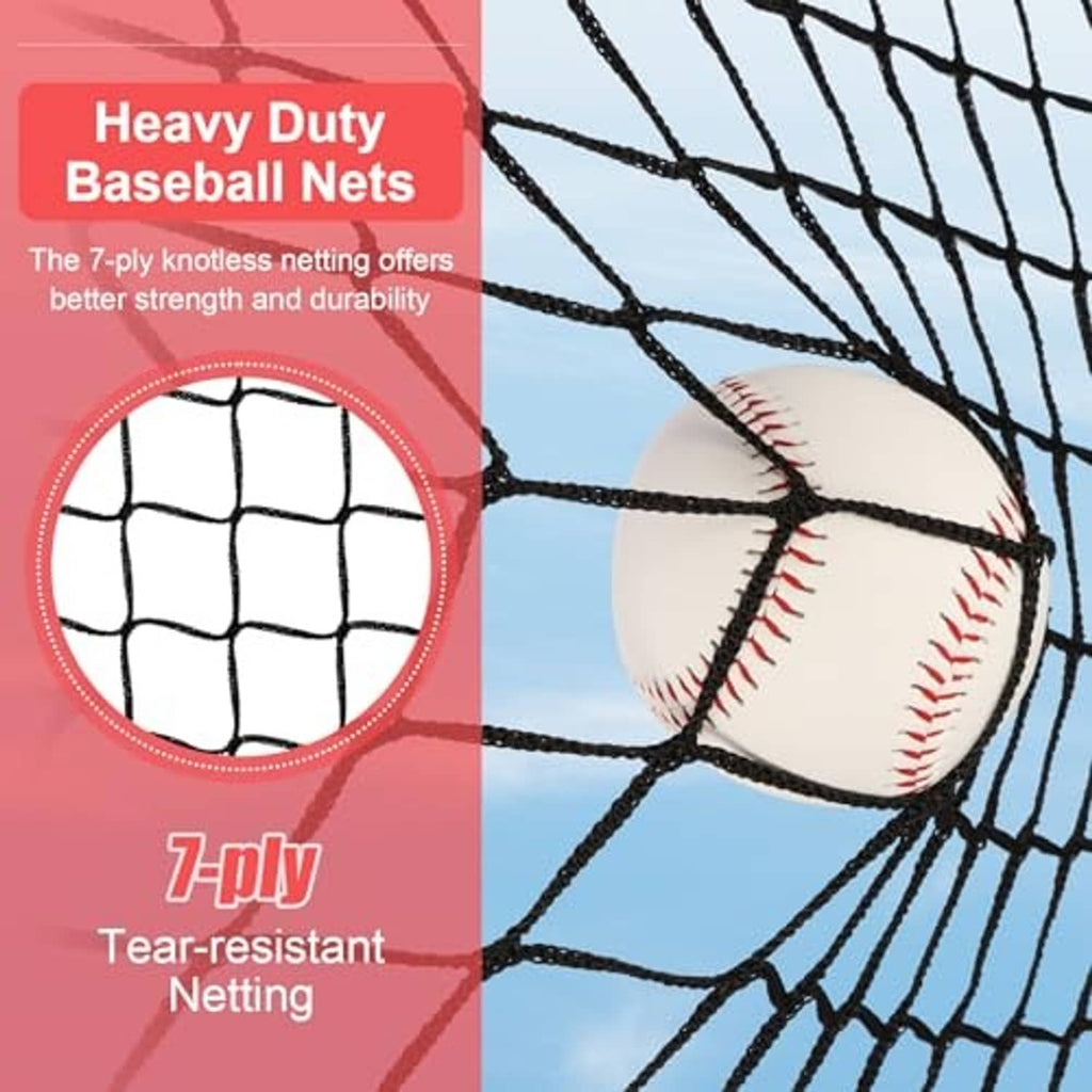 Close-up of red-and-black baseball netting with braided strands and baseball in mesh