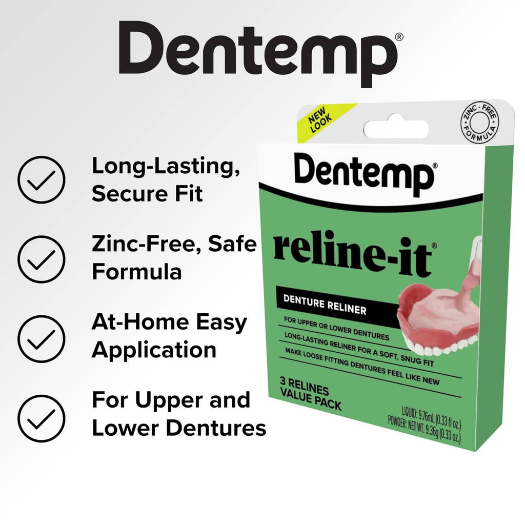 Dentemp reline-it box back panel with benefit icons and '3 relines value pack'