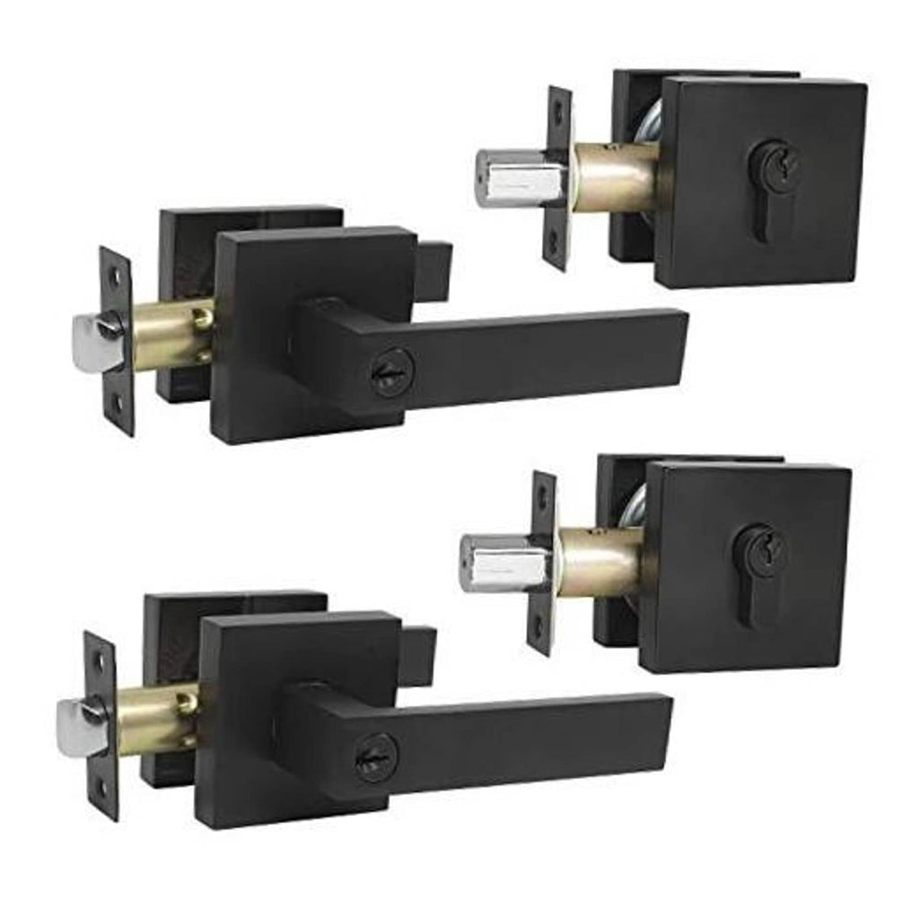 Black square entry lever and single-cylinder deadbolt set with matching hardware.
