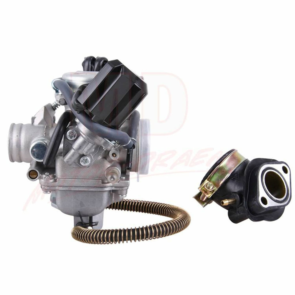 Carburetor and intake manifold assembly, front angle with black intake boot and flexible hose
