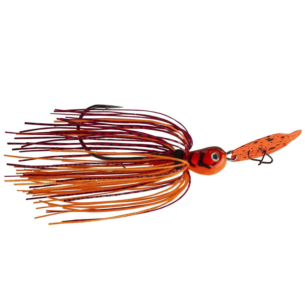 Orange fishing lure with red-striped skirt strands and orange head bait