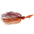 Orange fishing lure with red-striped skirt strands and orange head bait