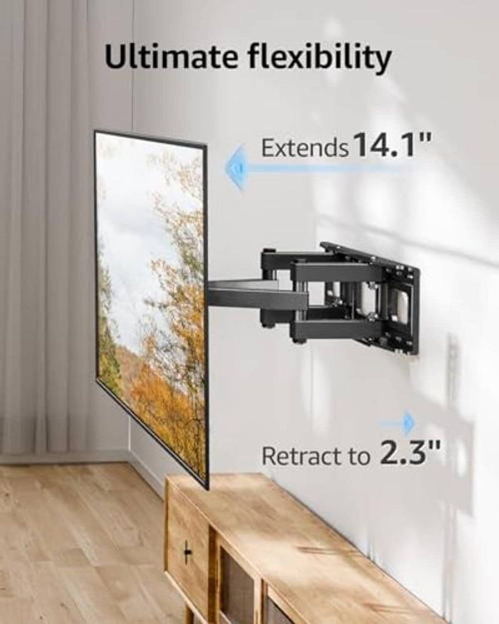 Full-motion TV wall mount with extend and retract arms, black mount bracket