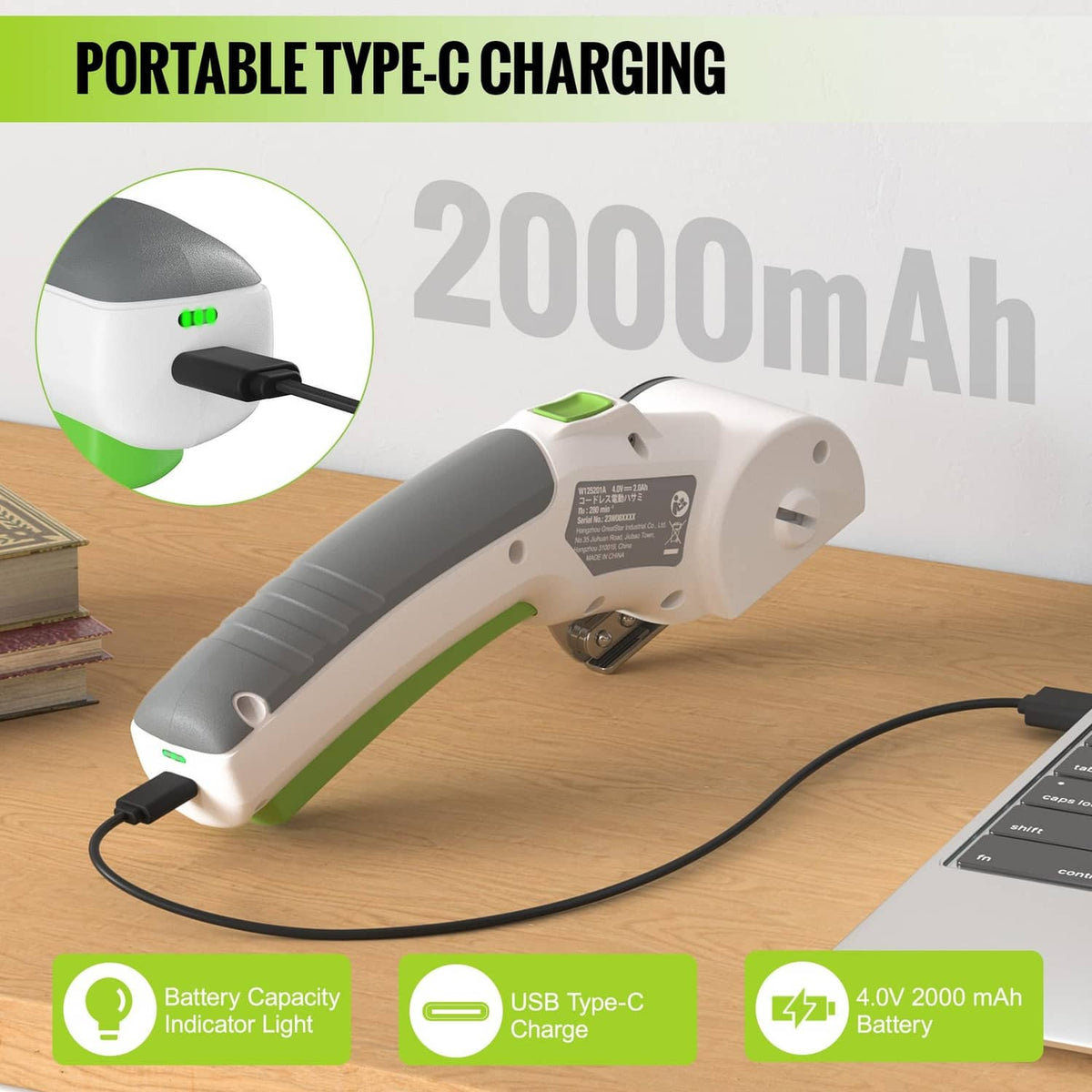 Cordless electric scissors with USB Type-C charging cable, white and green body.