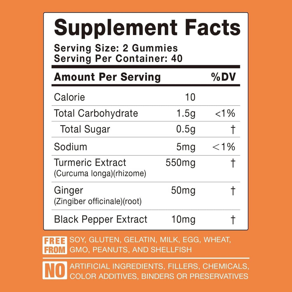 Supplement facts panel for turmeric curcumin gummies, serving size 2 gummies