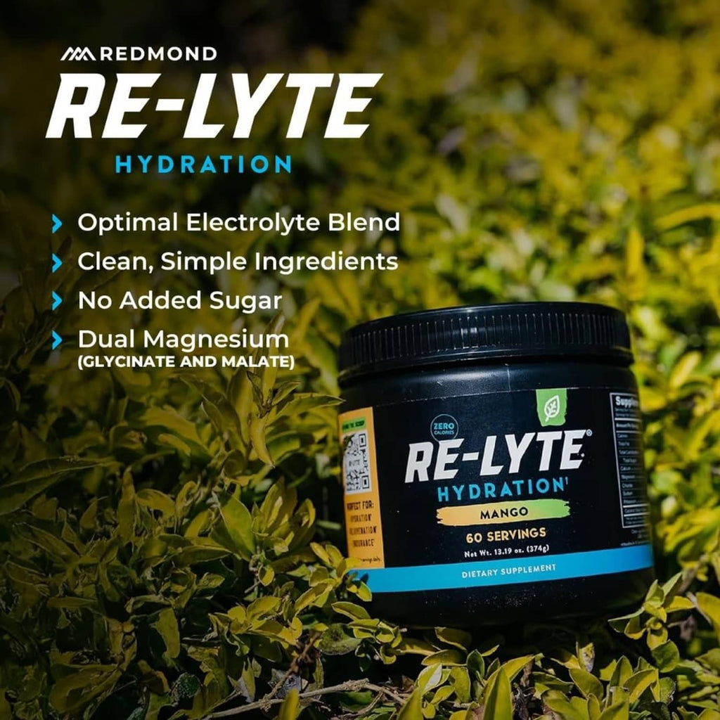 Mango electrolyte powder jar with RE-LYTE hydration branding