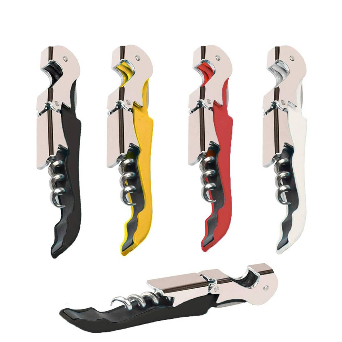Multi-color waiter corkscrew set, four chrome openers with black and colored handles