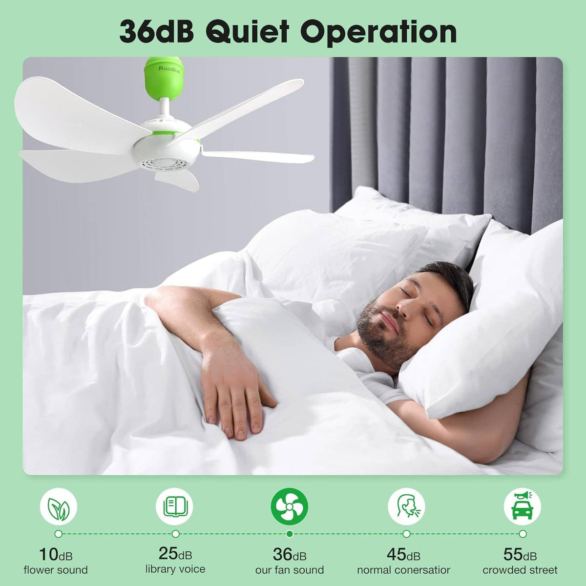 Quiet operation portable USB ceiling fan with five white blades and green motor housing