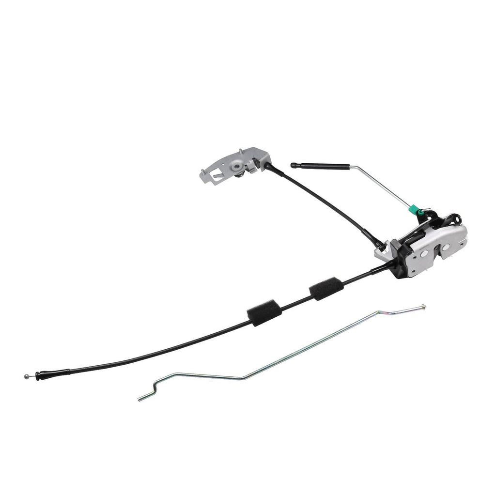 Rear cargo door latch assembly with mounting plates and black cable harness, right side