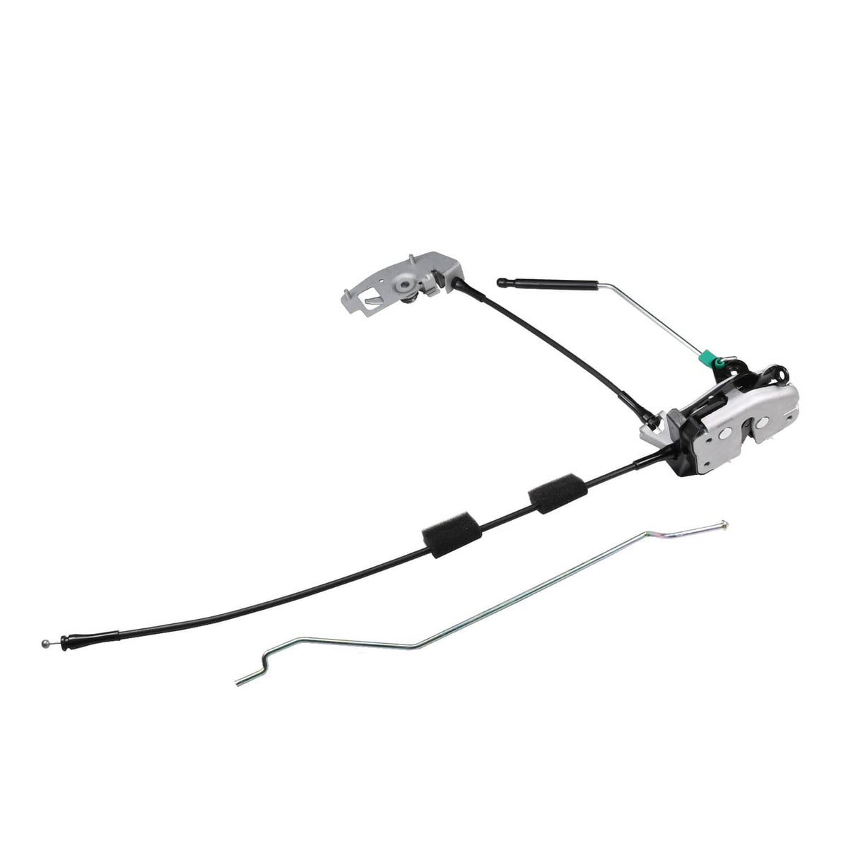 Rear cargo door latch assembly with mounting plates and black cable harness, right side