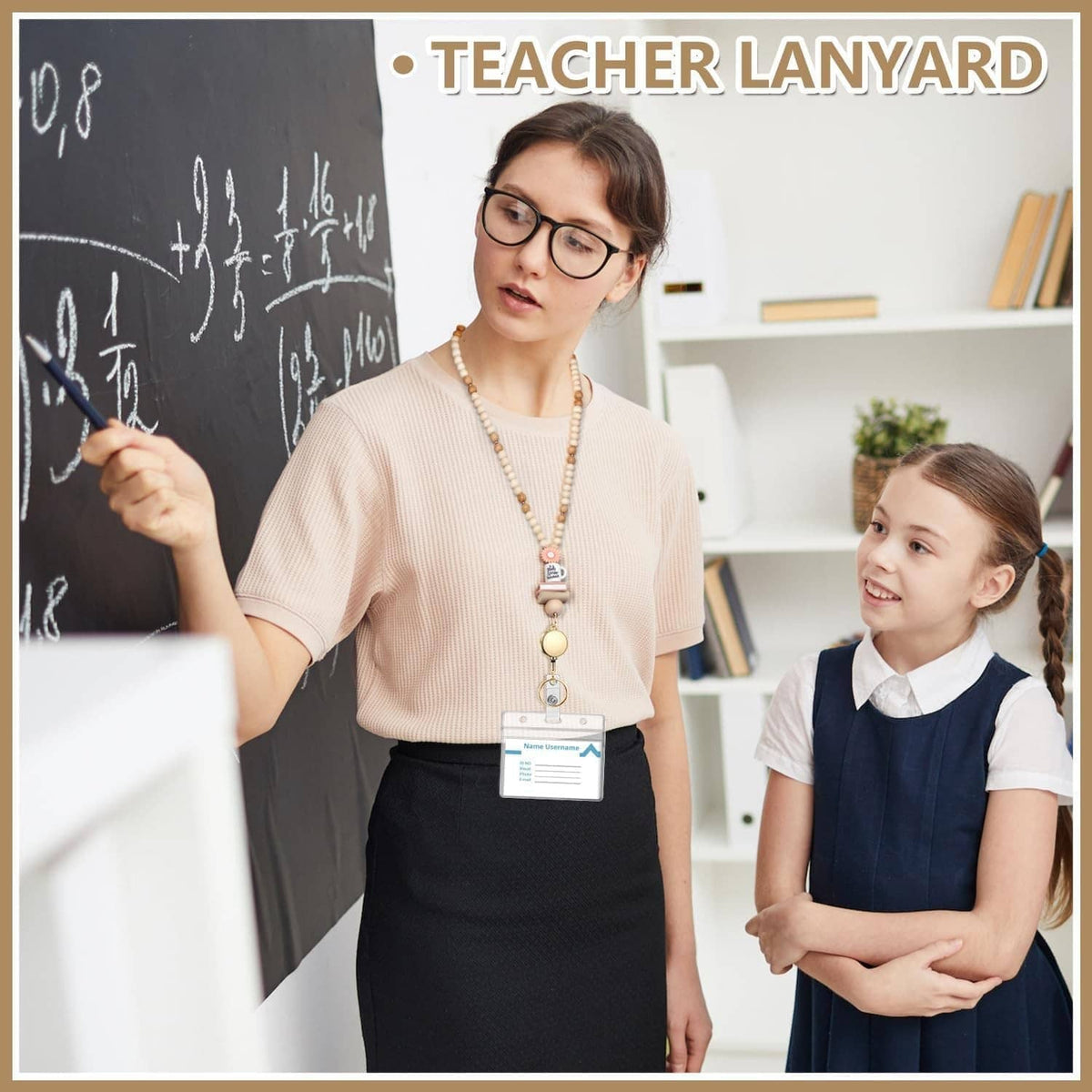 Teacher lanyard with wood beads, retractable badge reel, and clear ID badge holder