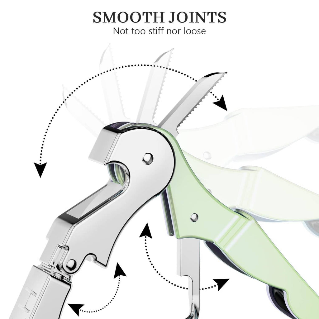 Wine corkscrew with mint green handle, chrome body, and spiral opener
