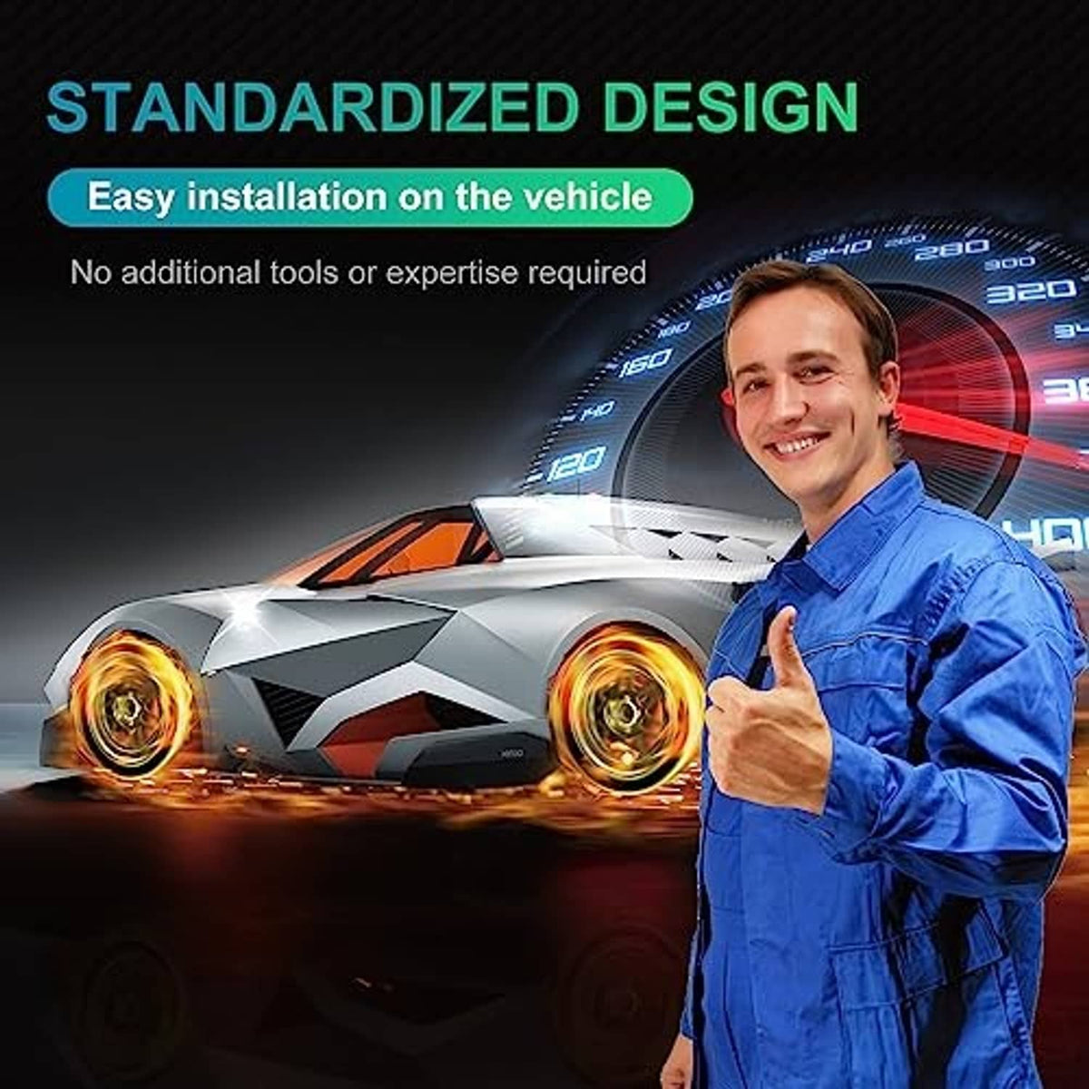 Standardized design promotional graphic with mechanic giving a thumbs-up near a car