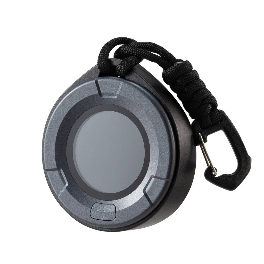CO2 monitor/controller with circular display and black braided lanyard carabiner