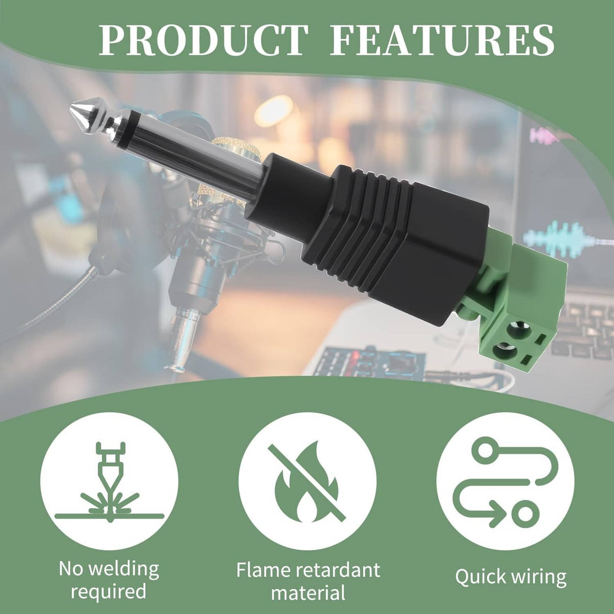 6.35mm mono audio jack plug with black body and green screw terminal block