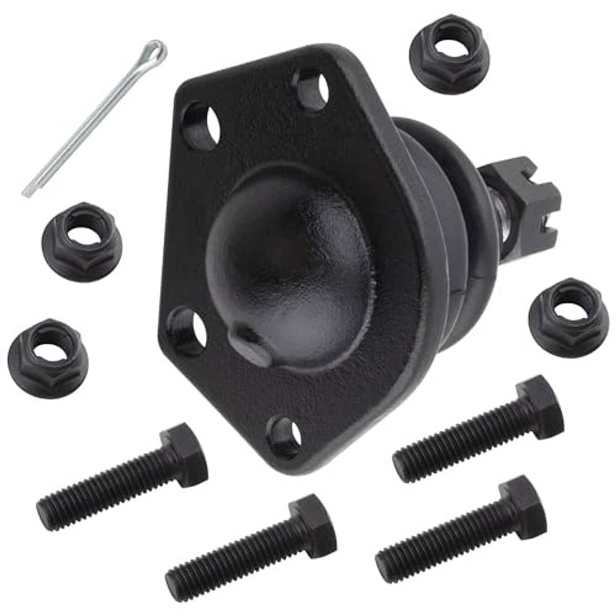 Ball joint mount with black rubber boot and flanged housing; included bolts and nuts