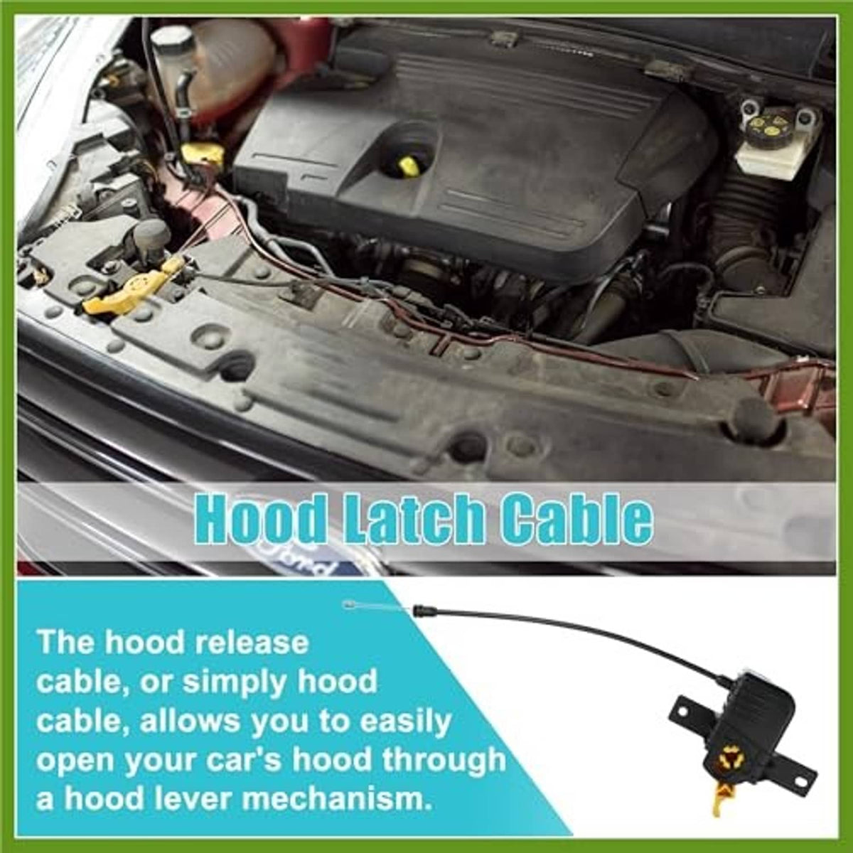 Yellow hood release latch lever with black cable and mounting bracket in engine bay