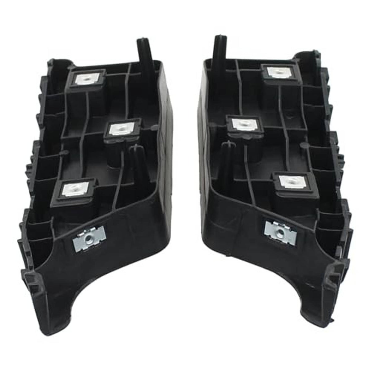 Front bumper bracket retainer mounts pair, black plastic housings with metal mounting inserts