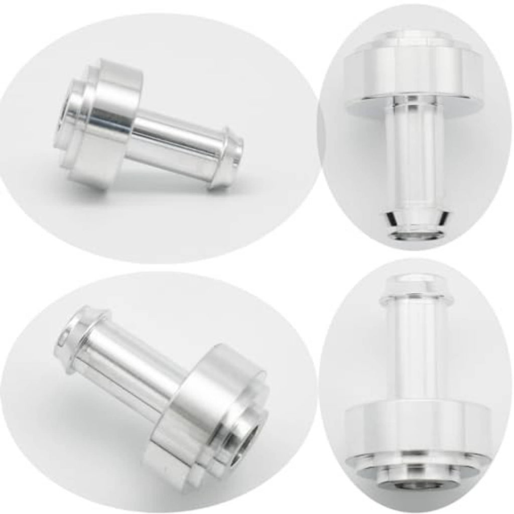 Hose barb tail nipple fitting set in silver metal, showing side and end views