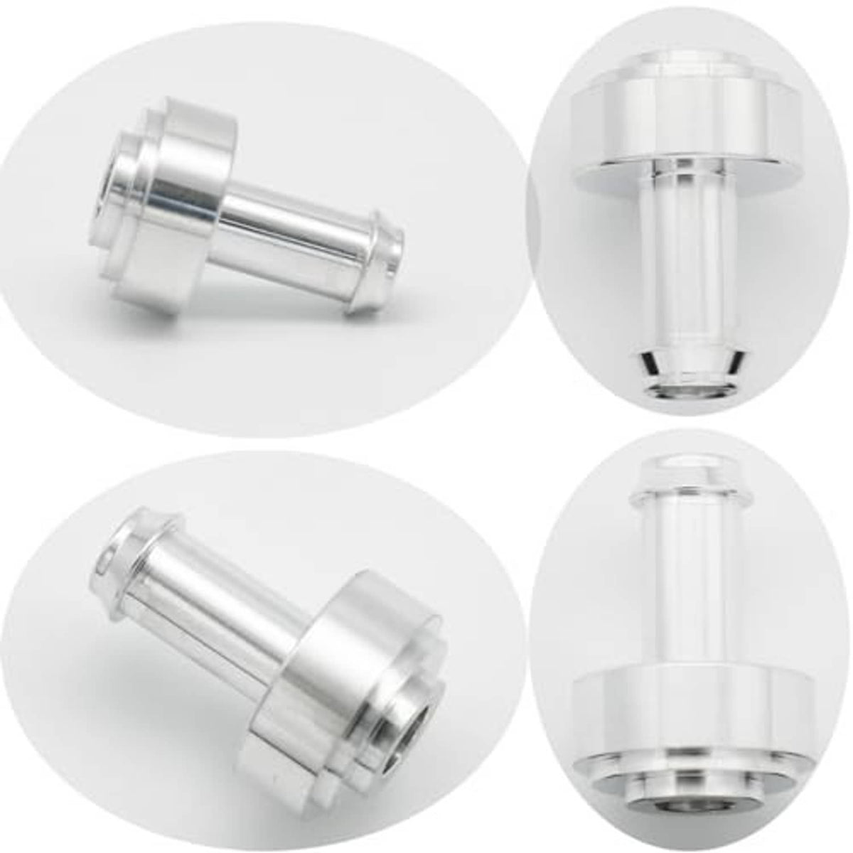 Hose barb tail nipple fitting set in silver metal, showing side and end views