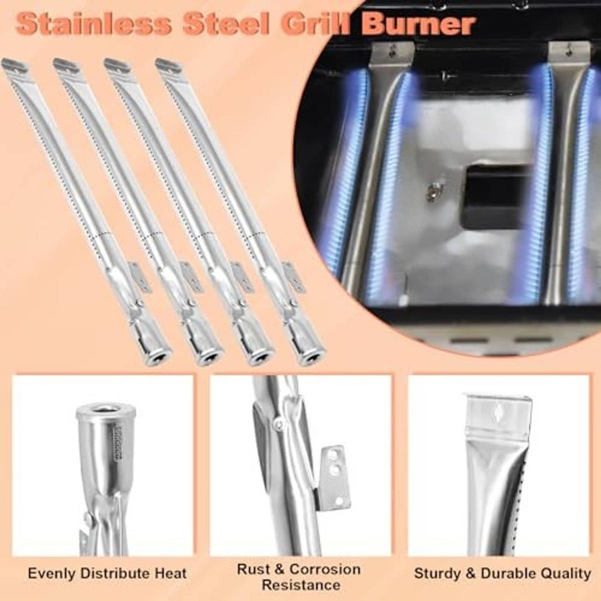 Stainless steel grill burner tubes with mounting hardware for 4-burner setups