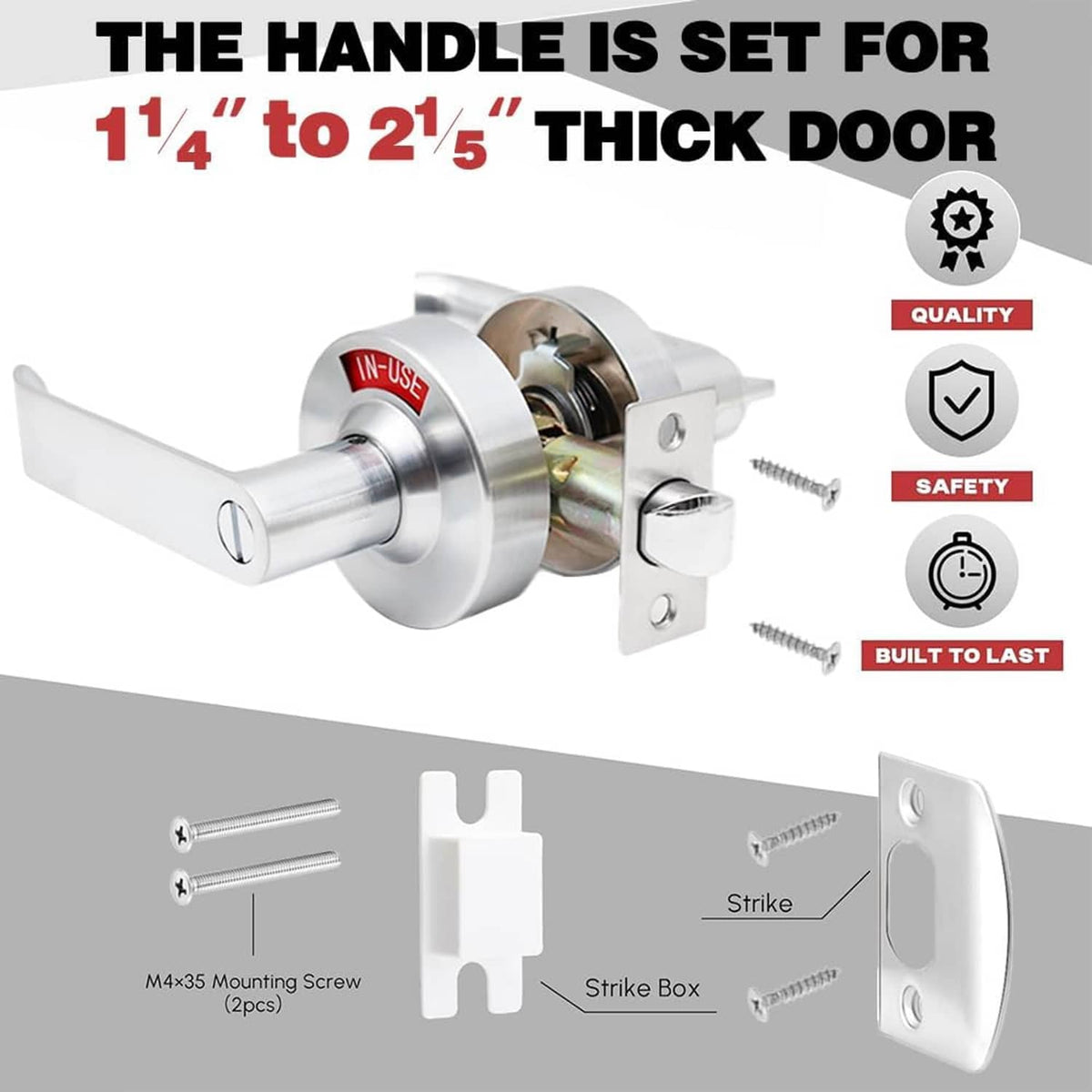 Bathroom indicator door handle lock set with mounting hardware and vacant/occupied indicator