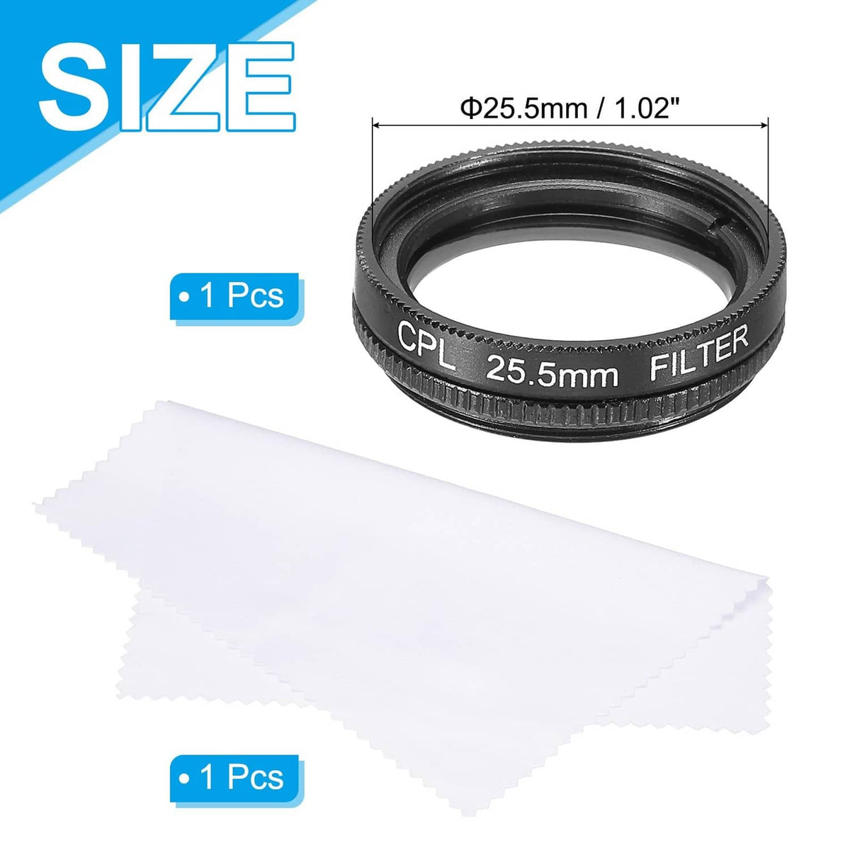 Black 25.5mm circular polarizer (CPL) filter ring with cleaning cloth