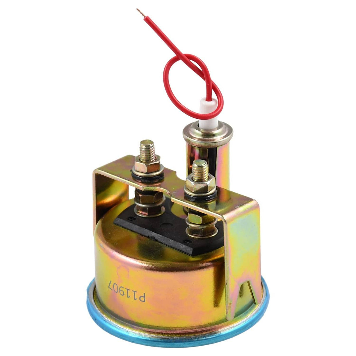 Amp gauge meter base with rainbow-yellow mount clips and red power wires