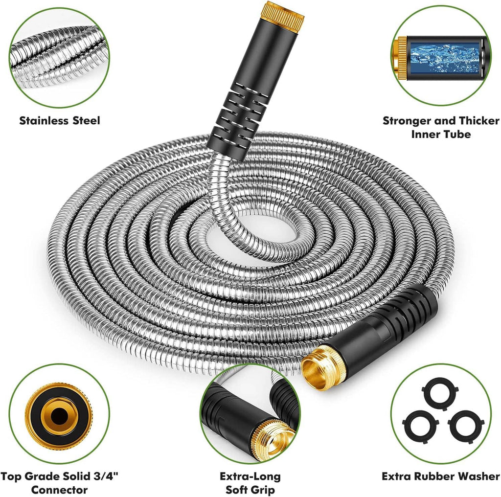 Stainless steel garden hose coils with black end fittings and gold connector detail
