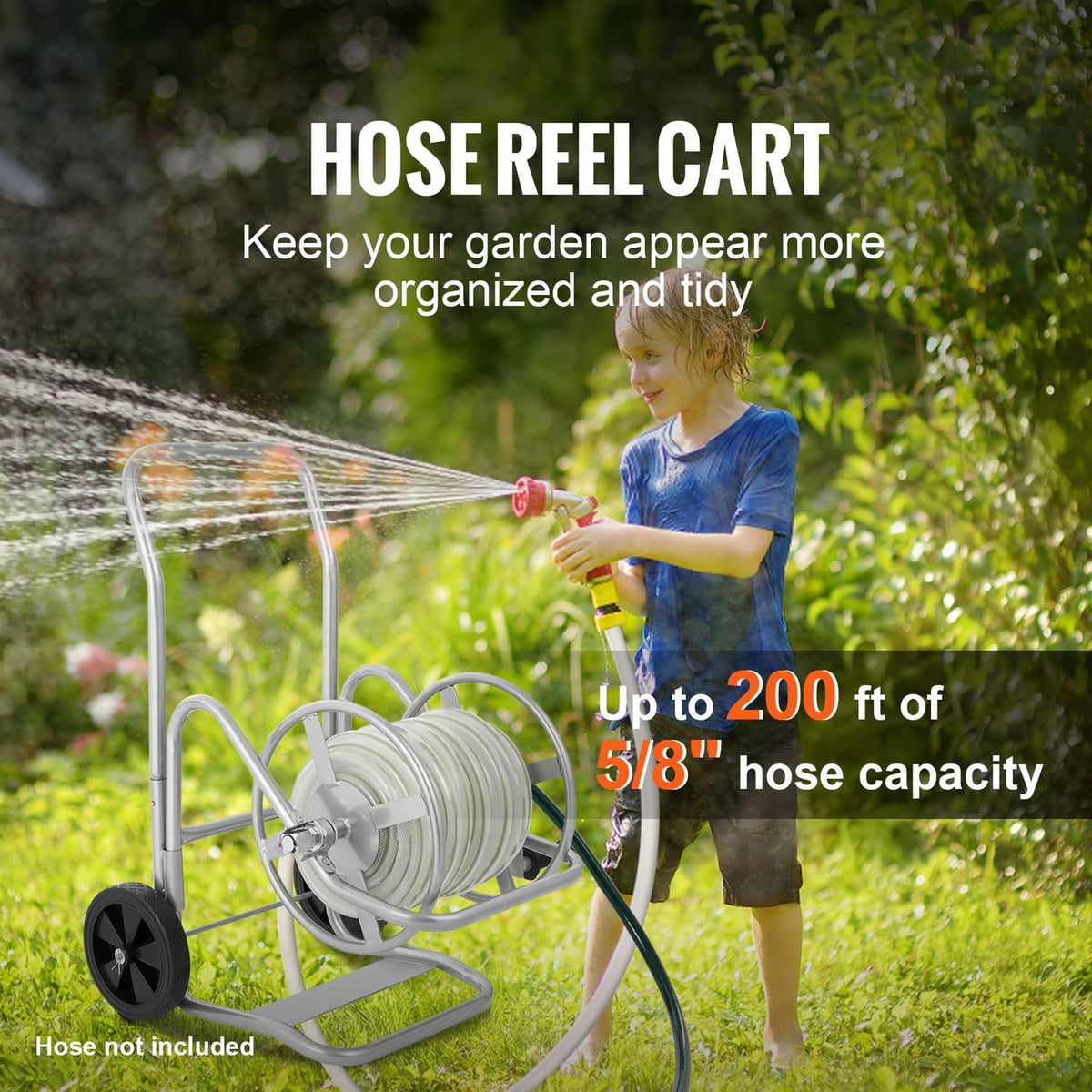 Garden hose reel cart with silver frame, black hose drum, and two wheels