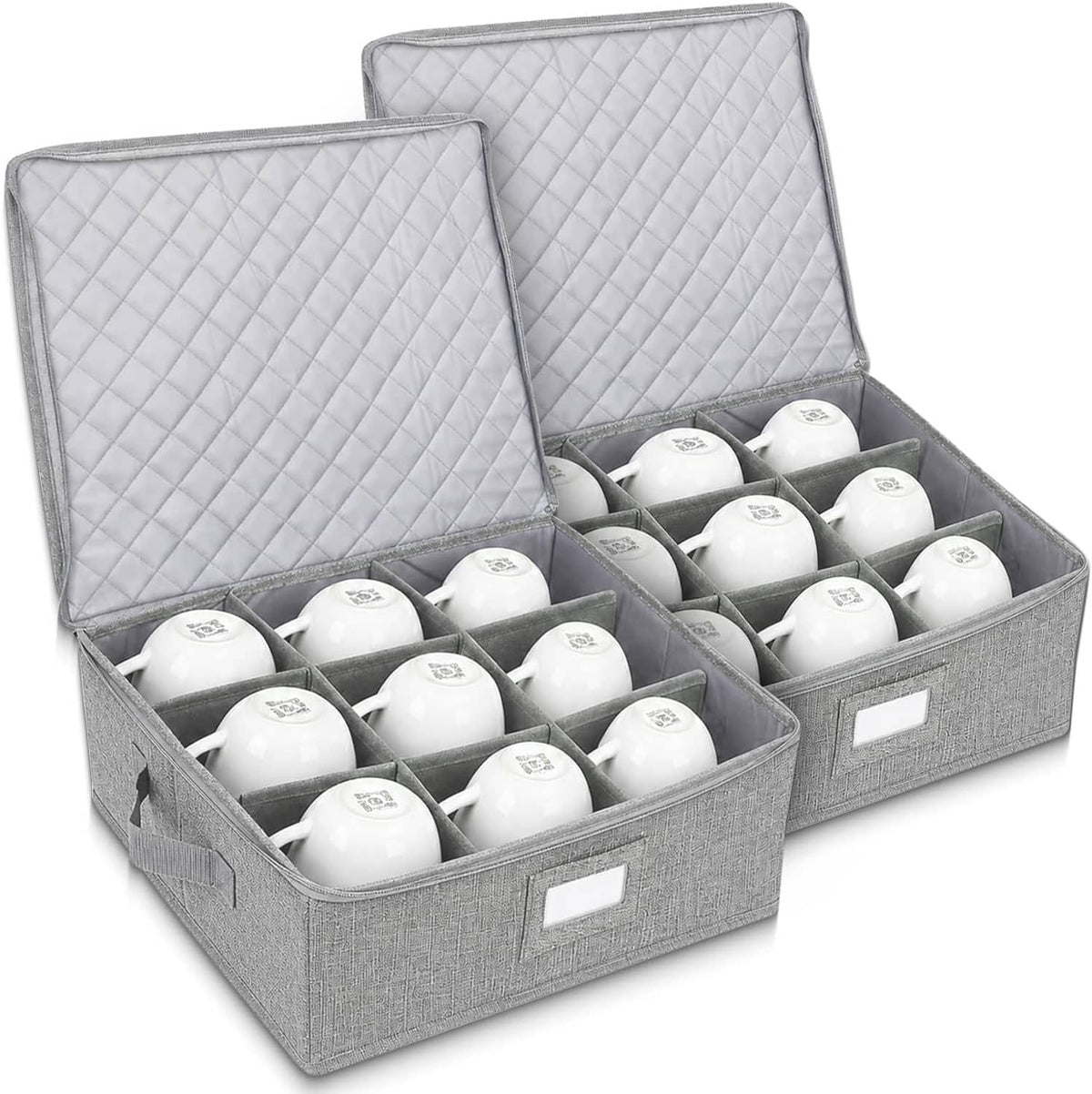 Grey mug storage organizer set with quilted open lid and compartment grid holding mugs