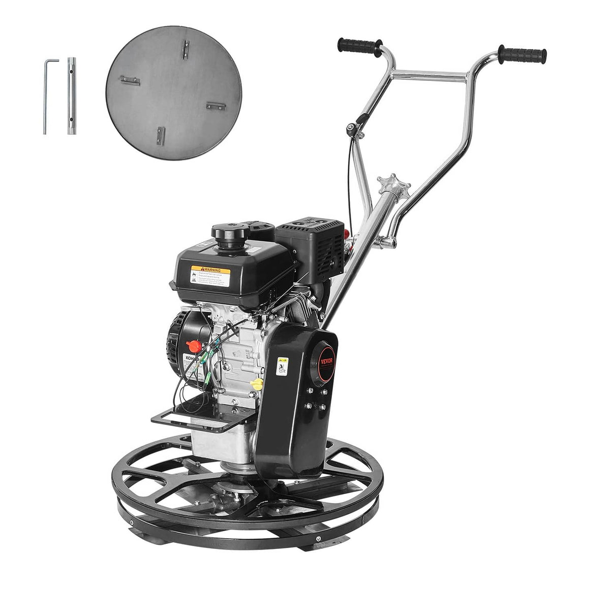 Walk-behind power trowel with circular float pan, upright control handle, and engine unit