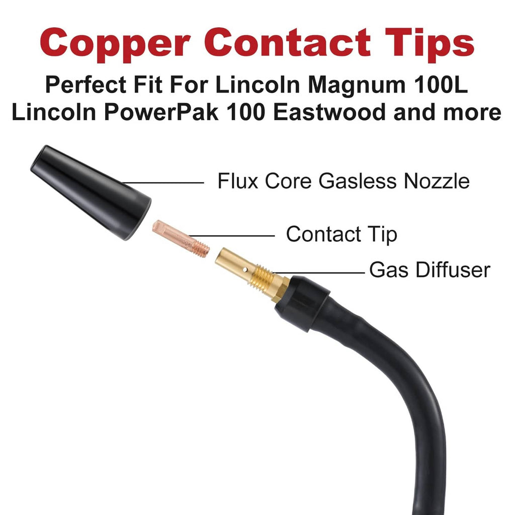 MIG flux core nozzle with copper contact tip and gas diffuser set