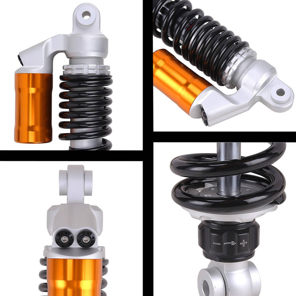 Air shock absorber with orange reservoir, black spring, and white mounting hardware