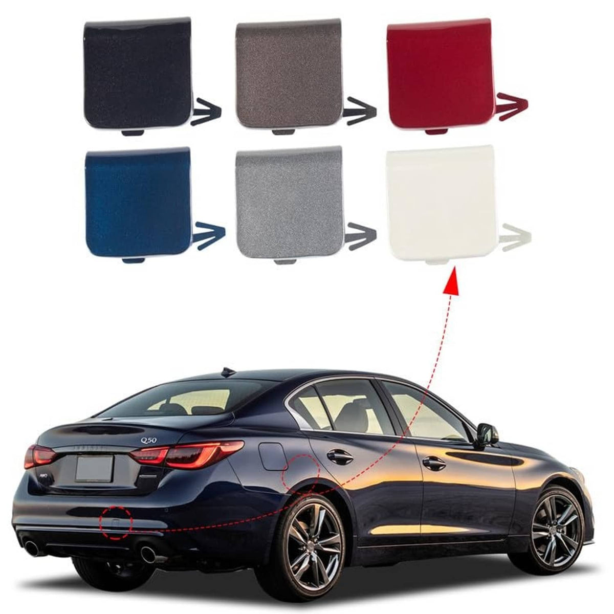 White rear bumper tow hook cover cap with mounting tab and color swatch options