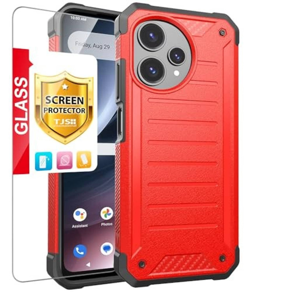 Red rugged phone case with screen protector, anti-shock corners and triple camera cutout